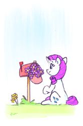 Size: 884x1338 | Tagged: safe, artist:thefloatingtree, imported from derpibooru, rarity, pony, unicorn, atg 2020, female, flower, mailbox, mare, newbie artist training grounds, solo