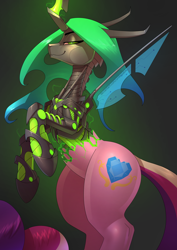 Size: 2480x3508 | Tagged: safe, artist:underpable, imported from derpibooru, princess cadance, queen chrysalis, changeling, changeling queen, robot, bugbot, commission, digital art, disguise, disguised changeling, fake cadance, female, queen chrysabot, robot changeling, shapeshifting, smiling, solo, the ass was fat, thicc ass, transformation