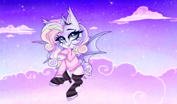 Size: 4098x2407 | Tagged: safe, artist:_spacemonkeyz_, imported from derpibooru, oc, oc only, oc:spectral prism, bat pony, pony, choker, clothes, cloud, moon, sky, socks, solo, stars, sweater