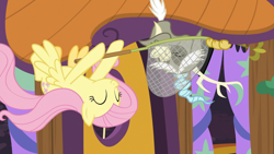 Size: 1920x1080 | Tagged: safe, imported from derpibooru, screencap, discord, fluttershy, draconequus, pegasus, pony, discordant harmony, butterfly net, cute, discute, duo, eyes closed, female, mare, net, shyabetes, upside down