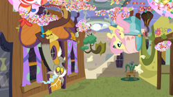 Size: 1920x1080 | Tagged: safe, imported from derpibooru, screencap, discord, fluttershy, draconequus, pegasus, pony, discordant harmony, candy, discord's house, female, food, male, mare, tentacle plant, upside down