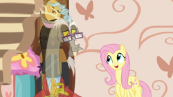 Size: 1920x1080 | Tagged: safe, imported from derpibooru, screencap, discord, fluttershy, draconequus, pegasus, pony, discordant harmony, clothes, duo, fading, glasses, sweater, transparent