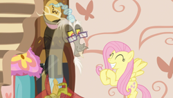 Size: 1920x1080 | Tagged: safe, imported from derpibooru, screencap, discord, fluttershy, pegasus, pony, discordant harmony, clothes, duo, fading, glasses, happy, sweater, transparent