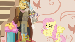 Size: 1920x1080 | Tagged: safe, imported from derpibooru, screencap, discord, fluttershy, draconequus, pegasus, pony, discordant harmony, clothes, duo, fading, faic, glasses, sweater, transparent