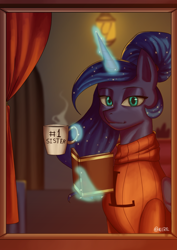 Size: 1240x1754 | Tagged: safe, artist:nire, imported from derpibooru, princess luna, alicorn, pony, unicorn, bedroom, book, canterlot, castle, clothes, female, ponytail, solo, sunset, sweater, window