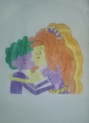 Size: 1754x2421 | Tagged: artist needed, safe, artist:ulisesramirez132, imported from derpibooru, adagio dazzle, spike, human, equestria girls, adagiospike, hug, human spike, humanized, kissing, traditional art