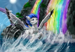 Size: 1280x889 | Tagged: safe, artist:sizaru, imported from derpibooru, oc, oc only, pegasus, pony, commission, digital art, female, flying, mare, rainbow waterfall, sky, solo, spread wings, water, waterfall, wings