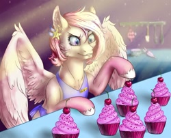 Size: 1280x1033 | Tagged: safe, artist:sizaru, imported from derpibooru, oc, oc only, pegasus, pony, apron, cherry, clothes, commission, cupcake, digital art, ear piercing, earring, female, food, holding, icing bag, jewelry, kitchen, mare, piercing, solo, spread wings, sprinkles, wings