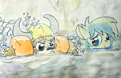 Size: 2000x1295 | Tagged: safe, artist:mandumustbasukanemen, imported from derpibooru, sandbar, yona, earth pony, pony, yak, atg 2020, cute, duo, female, male, newbie artist training grounds, sandabetes, smiling, splashing, stallion, swimming, traditional art, water wings, watercolor painting, yonadorable