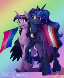 Size: 1000x1200 | Tagged: safe, artist:amarynceus, imported from derpibooru, princess luna, twilight sparkle, alicorn, pony, abstract background, bisexual, bisexual pride flag, blushing, cloven hooves, colored hooves, crown, ethereal fetlocks, female, flag, freckles, gradient background, hoof fluff, hug, jewelry, lesbian, lesbian pride flag, mare, mouth hold, pride, pride flag, rainbow background, regalia, remake, shipping, signature, twilight sparkle (alicorn), twiluna, unshorn fetlocks, winghug