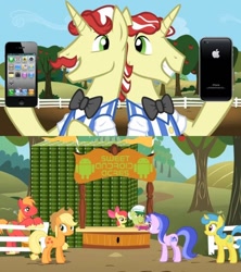 Size: 500x562 | Tagged: safe, edit, edited screencap, imported from derpibooru, screencap, apple bloom, applejack, big macintosh, flam, flim, granny smith, lemon hearts, sea swirl, seafoam, earth pony, pony, unicorn, the super speedy cider squeezy 6000, android (os), background pony, iphone, meme, sweet apple acres