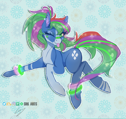 Size: 3508x3306 | Tagged: safe, artist:srk-arts, imported from derpibooru, oc, oc only, oc:cobalt flux, earth pony, :p, bandage, bandaid, bandaid on nose, bracelet, dancing, ear piercing, earth pony oc, jewelry, looking at you, multicolored hair, one eye closed, piercing, tongue out, wink