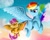 Size: 1280x1024 | Tagged: artist needed, source needed, safe, artist:kayobe, imported from derpibooru, rainbow dash, scootaloo, pegasus, pony, cloud, cute, cutealoo, flying, scootaloo can fly, scootalove, sky, smiling, stars, sunset