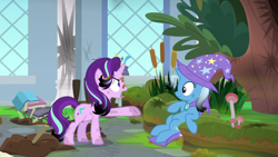 Size: 1920x1080 | Tagged: safe, imported from derpibooru, screencap, starlight glimmer, trixie, pony, unicorn, a horse shoe-in, angry, burnt mane, cape, cattails, clothes, dirty, duo, female, hat, mare, mess, mushroom, raised hoof, reeds, scorched, trixie's cape, trixie's hat