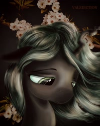 Size: 2111x2649 | Tagged: safe, alternate version, artist:eris azure, imported from derpibooru, queen chrysalis, changeling, changeling queen, alternate design, alternate hairstyle, black background, eyebrows, female, flower, green eyes, green mane, horn, mane, photoshop, sad, simple background, solo