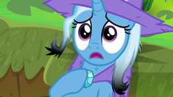 Size: 1920x1080 | Tagged: safe, imported from derpibooru, screencap, trixie, pony, unicorn, a horse shoe-in, burnt mane, clothes, female, hat, mare, scorched, solo, trixie's hat