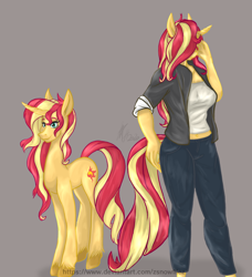 Size: 984x1080 | Tagged: safe, artist:zsnowfilez, imported from derpibooru, sunset shimmer, anthro, pony, unicorn, anthro ponidox, clothes, female, gray background, jacket, mare, pants, shirt, simple background, solo