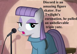 Size: 1024x720 | Tagged: safe, edit, edited screencap, imported from derpibooru, screencap, maud pie, the ending of the end, the maud couple, cropped, implied chrysalis, implied cozy glow, implied discord, implied lord tirek, implied tirek, implied twilight sparkle, maud the comedian, microphone, pun, speech, spotlight, talking