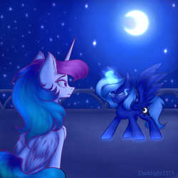 Size: 3000x3000 | Tagged: safe, artist:darklight1315, imported from derpibooru, princess celestia, princess luna, alicorn, pony, the moon rises, glowing horn, horn, magic, moon, night, stars