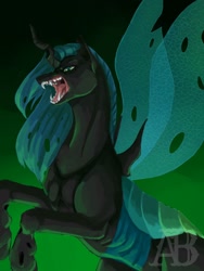 Size: 1080x1440 | Tagged: safe, artist:yumii-chan81, imported from derpibooru, queen chrysalis, changeling, changeling queen, female, open mouth, rearing, redraw, sharp teeth, solo, spread wings, teeth, wings