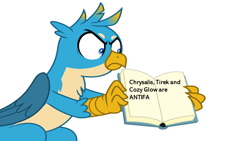 Size: 1280x720 | Tagged: safe, deleted from derpibooru, edit, imported from derpibooru, gallus, griffon, antifa, book, exploitable meme, gallus is not amused, gallus' book, implied cozy glow, implied lord tirek, implied queen chrysalis, implied tirek, male, meme, mouthpiece, op is a duck, op is trying to start shit, op is wrong, out of character, politics, simple background, solo, text, unamused, white background