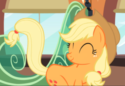 Size: 1366x939 | Tagged: safe, imported from derpibooru, screencap, applejack, earth pony, pony, just for sidekicks, cropped, cute, eyes closed, female, friendship express, jackabetes, mare, raised tail, smiling, solo, tail