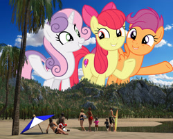 Size: 2600x2080 | Tagged: safe, artist:theotterpony, artist:timeymarey007, imported from derpibooru, apple bloom, scootaloo, sweetie belle, earth pony, human, pegasus, pony, unicorn, 3d, adorabloom, beach, clothes, cute, cutealoo, cutie mark, cutie mark crusaders, daz studio, diasweetes, giant pony, giant/macro cutie mark crusaders, macro, ocean, older, older apple bloom, older cmc, older scootaloo, older sweetie belle, people, sand, smiling, story in the source, story included, swimsuit, the cmc's cutie marks