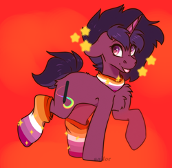 Size: 2056x1996 | Tagged: safe, artist:sailor, imported from derpibooru, oc, oc only, oc:rubellite, pony, unicorn, bandana, clothes, cute, cutie mark, female, fluffy, fluffy mane, happy, lesbian, lesbian pride flag, pride, pride flag, retro, short tail, socks, solo, stars, tongue out