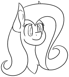 Size: 965x1087 | Tagged: safe, artist:skylarpalette, imported from derpibooru, fluttershy, pegasus, pony, big ears, black and white, bust, chest fluff, female, grayscale, happy, long mane, mare, monochrome, outline, simple background, sketch, solo, three quarter view, transparent background, white outline