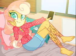 Size: 1186x884 | Tagged: safe, artist:virumi, imported from derpibooru, oc, oc only, oc:pina colada (ice1517), icey-verse, equestria girls, barefoot, bed, bedroom, blanket, blouse, clothes, commission, equestria girls-ified, feet, female, iphone, leg warmers, magical lesbian spawn, offspring, parent:applejack, parent:strawberry sunrise, parents:applerise, pillow, shirt, shorts, solo, window, ych result