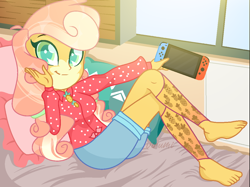 Size: 1184x884 | Tagged: safe, alternate version, artist:virumi, imported from derpibooru, oc, oc only, oc:pina colada (ice1517), icey-verse, equestria girls, barefoot, bed, bedroom, blanket, blouse, clothes, commission, controller, equestria girls-ified, feet, female, joycon, leg warmers, magical lesbian spawn, nintendo, nintendo switch, offspring, parent:applejack, parent:strawberry sunrise, parents:applerise, pillow, shirt, shorts, solo, window, ych result