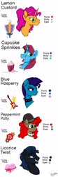 Size: 1280x3857 | Tagged: safe, artist:rutkotka, imported from derpibooru, oc, oc:cupcake sprinkles, oc:lemon custard, oc:licorice twist, unicorn, characters, commission, female, flirting, flirty, glasses, happy, heart, male, mare, next generation, punk, rock, rock (music), sketch, stallion