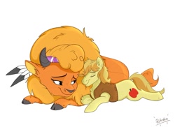 Size: 1280x931 | Tagged: safe, artist:rutkotka, imported from derpibooru, braeburn, little strongheart, buffalo, earth pony, pony, braeheart, clothes, cloven hooves, couple, cute, eyes closed, female, interspecies, lying down, male, older, older little strongheart, prone, shipping, simple background, smiling, snuggling, stallion, straight, vest, white background