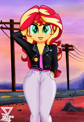 Size: 2500x3636 | Tagged: safe, artist:theretroart88, imported from derpibooru, sunset shimmer, equestria girls, arm behind head, clothes, desert, female, high res, jacket, leather jacket, lipstick, looking at you, pants, power line, road, solo