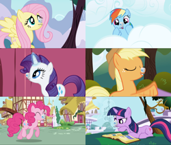 Size: 2732x2304 | Tagged: safe, edit, edited screencap, imported from derpibooru, screencap, applejack, fluttershy, pinkie pie, rainbow dash, rarity, twilight sparkle, earth pony, pegasus, pony, unicorn, friendship is magic, balancing, mane six, ponies balancing stuff on their nose, recycle bin, unicorn twilight, wallpaper