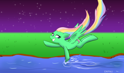 Size: 1000x592 | Tagged: safe, artist:empyu, imported from derpibooru, fluttershy, rainbow dash, oc, oc:flutter rainbow, pegasus, pony, 45 minute art challenge, flying, fusion, river, solo, water