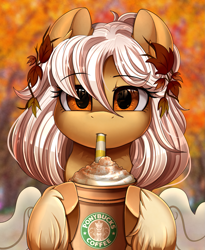 Size: 1443x1764 | Tagged: safe, artist:pridark, imported from derpibooru, oc, oc only, oc:autumna, pegasus, pony, beautiful, bust, coffee, commission, drinking, female, looking at you, mare, portrait, pretty, scenery, solo, starbucks, straw, tree