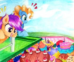 Size: 971x823 | Tagged: safe, artist:liaaqila, imported from derpibooru, scootaloo, oc, oc:silly scribe, earth pony, pegasus, pony, cake, cute, cutealoo, diving, diving board, food, happy, traditional art, worried