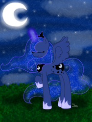 Size: 768x1024 | Tagged: safe, artist:yazmen10, imported from derpibooru, princess luna, alicorn, eyes closed, magic, magic aura, moon, night