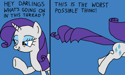 Size: 1250x750 | Tagged: safe, artist:nopony, imported from derpibooru, rarity, pony, unicorn, 2 panel comic, atg 2020, blue background, comic, darling, female, mare, newbie artist training grounds, running, simple background, solo, talking, text, the worst possible thing, what's going on in this thread