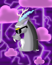 Size: 703x877 | Tagged: safe, artist:yazmen10, imported from derpibooru, discord, draconequus, cloud, lightning, male, solo, stormcloud, sunglasses