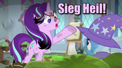 Size: 1920x1080 | Tagged: safe, edit, edited screencap, imported from derpibooru, screencap, starlight glimmer, trixie, pony, unicorn, a horse shoe-in, angry, burned, caption, dirty, female, image macro, mare, messy, nazi, one hoof raised, raised hoof, sieg heil, text, text edit