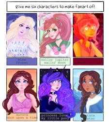 Size: 1000x1101 | Tagged: safe, artist:lyrinarine, imported from derpibooru, princess luna, human, six fanarts, adventure time, avatar the last airbender, braid, bust, choker, clothes, constellation, crossover, elsa, ethereal mane, female, flame princess, frozen (movie), galaxy mane, horn, horned humanization, humanized, jewelry, katana, lipstick, makeup, once upon a time, princess aurora, sailor jupiter, sailor moon, smiling, sword, tiara, weapon