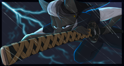 Size: 3000x1600 | Tagged: safe, artist:chapaevv, imported from derpibooru, oc, oc only, oc:shadow dash, anthro, bat pony, clothes, commission, katana, lightning, male, sky, solo, sword, weapon, ych result