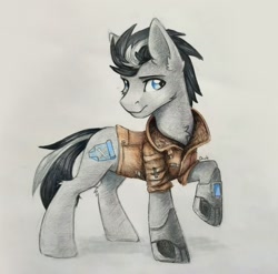 Size: 1454x1438 | Tagged: safe, artist:dark lightning, artist:dorkmark, imported from derpibooru, oc, oc only, oc:sheldon grant, earth pony, pony, clothes, jacket, leather jacket, photo, solo, traditional art