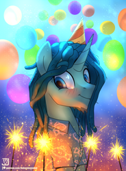 Size: 2000x2712 | Tagged: safe, artist:jedayskayvoker, imported from derpibooru, oc, oc only, pony, unicorn, balloon, birthday, blushing, clothes, dreadlocks, facial hair, happy birthday, hat, horn, male, party hat, ponified, shirt, smiling, solo, sparkler (firework), stallion, unicorn oc