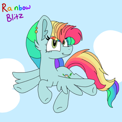 Size: 1378x1378 | Tagged: safe, artist:circuspaparazzi5678, imported from derpibooru, oc, oc only, oc:rainbow blitz, pegasus, pony, cloud, ear piercing, earring, female, flying, jewelry, magical lesbian spawn, multicolored hair, next generation, offspring, parent:fluttershy, parent:rainbow dash, parents:flutterdash, piercing, rainbow hair, rainbow makeup, solo
