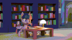 Size: 800x450 | Tagged: safe, imported from derpibooru, screencap, twilight sparkle, alicorn, pony, book filled adventure, my little pony: pony life, my little pony: stop motion short, animated, book, bookshelf, female, g4.5, gif, lamp, solo, stop motion, table, twilight sparkle (alicorn)