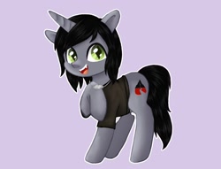 Size: 2008x1535 | Tagged: safe, artist:ebiruchan, imported from derpibooru, pony, unicorn, clothes, commission, disguise, disguised siren, fangs, horn, jewelry, kellin quinn, looking at you, male, necklace, open mouth, ponified, purple background, raised hoof, shirt, simple background, sleeping with sirens, slit eyes, slit pupils, solo, stallion, t-shirt, ych result