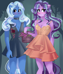 Size: 2094x2445 | Tagged: safe, artist:xjenn9, imported from derpibooru, starlight glimmer, trixie, anthro, unicorn, basket, blushing, breasts, choker, cleavage, clothes, dress, flower, flower basket, lidded eyes, rose, smiling